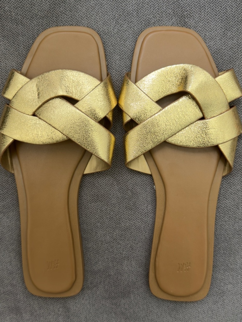 H&M Gold Metallic Flat Sandals Criss Cross Slide NEW Size 10 / 41